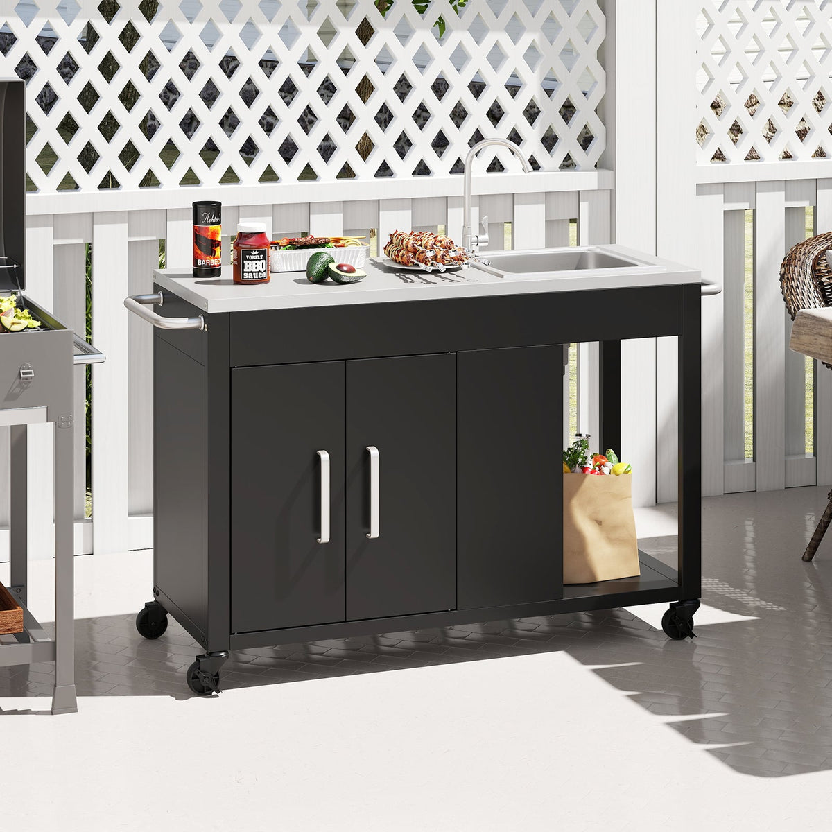 56 Inches Outdoor Grill Table with Sink and Stainless Steel Top-Black-Outdoor Grills-DECOROLALA
