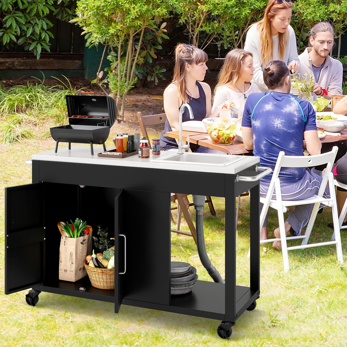 56 Inches Outdoor Grill Table with Sink and Stainless Steel Top-Black-Outdoor Grills-DECOROLALA