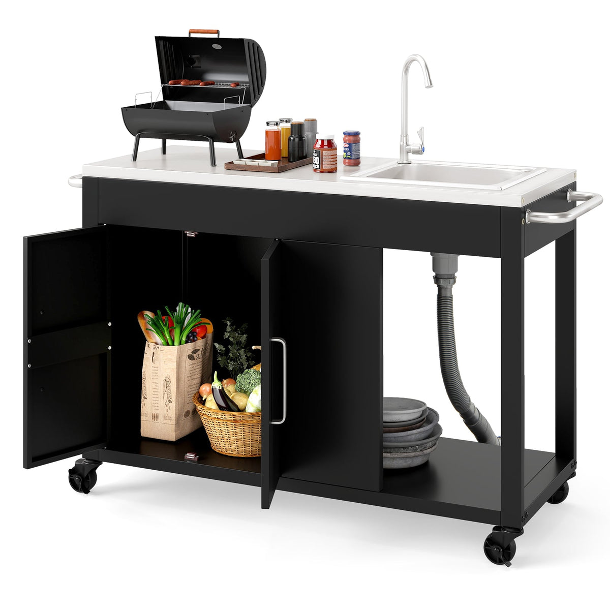 56 Inches Outdoor Grill Table with Sink and Stainless Steel Top-Black-Outdoor Grills-DECOROLALA