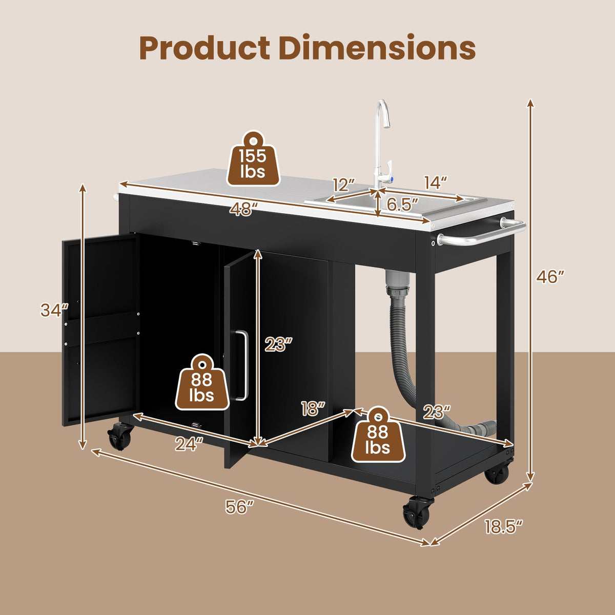 56 Inches Outdoor Grill Table with Sink and Stainless Steel Top-Black-Outdoor Grills-DECOROLALA