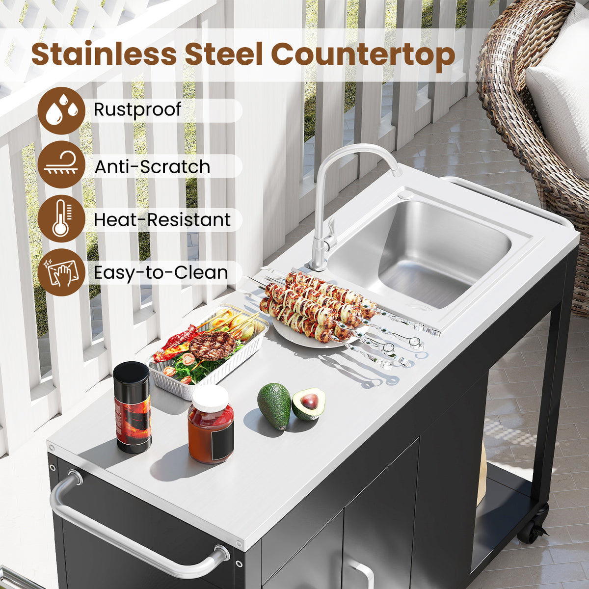 56 Inches Outdoor Grill Table with Sink and Stainless Steel Top-Black-Outdoor Grills-DECOROLALA