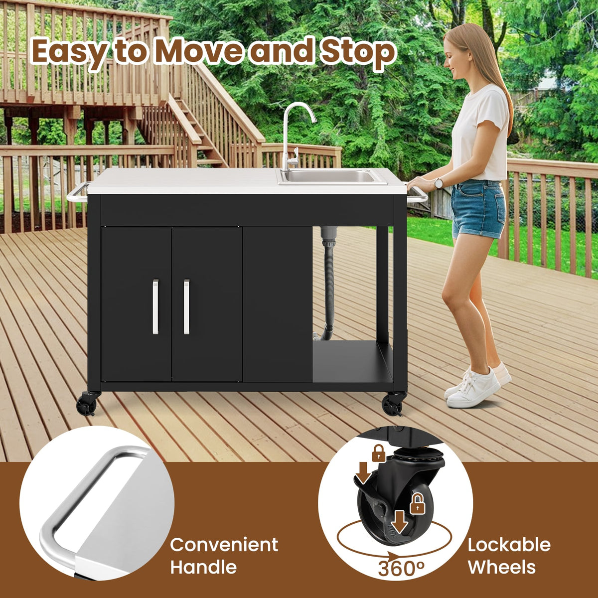 56 Inches Outdoor Grill Table with Sink and Stainless Steel Top-Black-Outdoor Grills-DECOROLALA