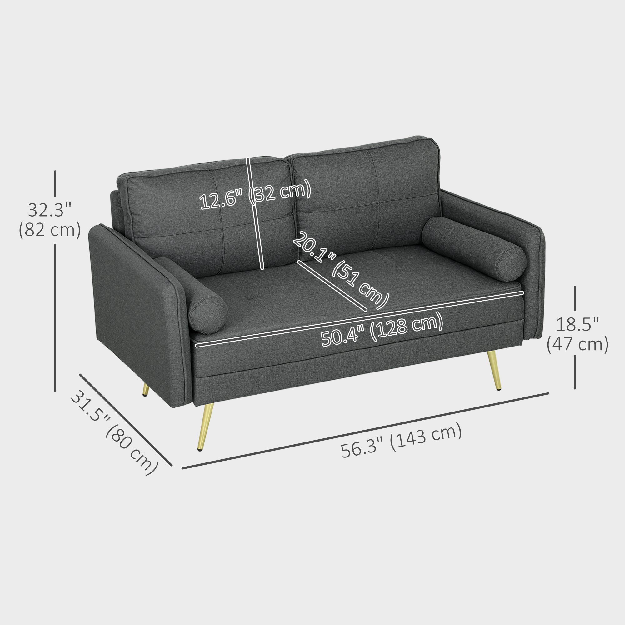 56" Loveseat Sofa 2-Seater Dark Grey Linen-DECOROLALA