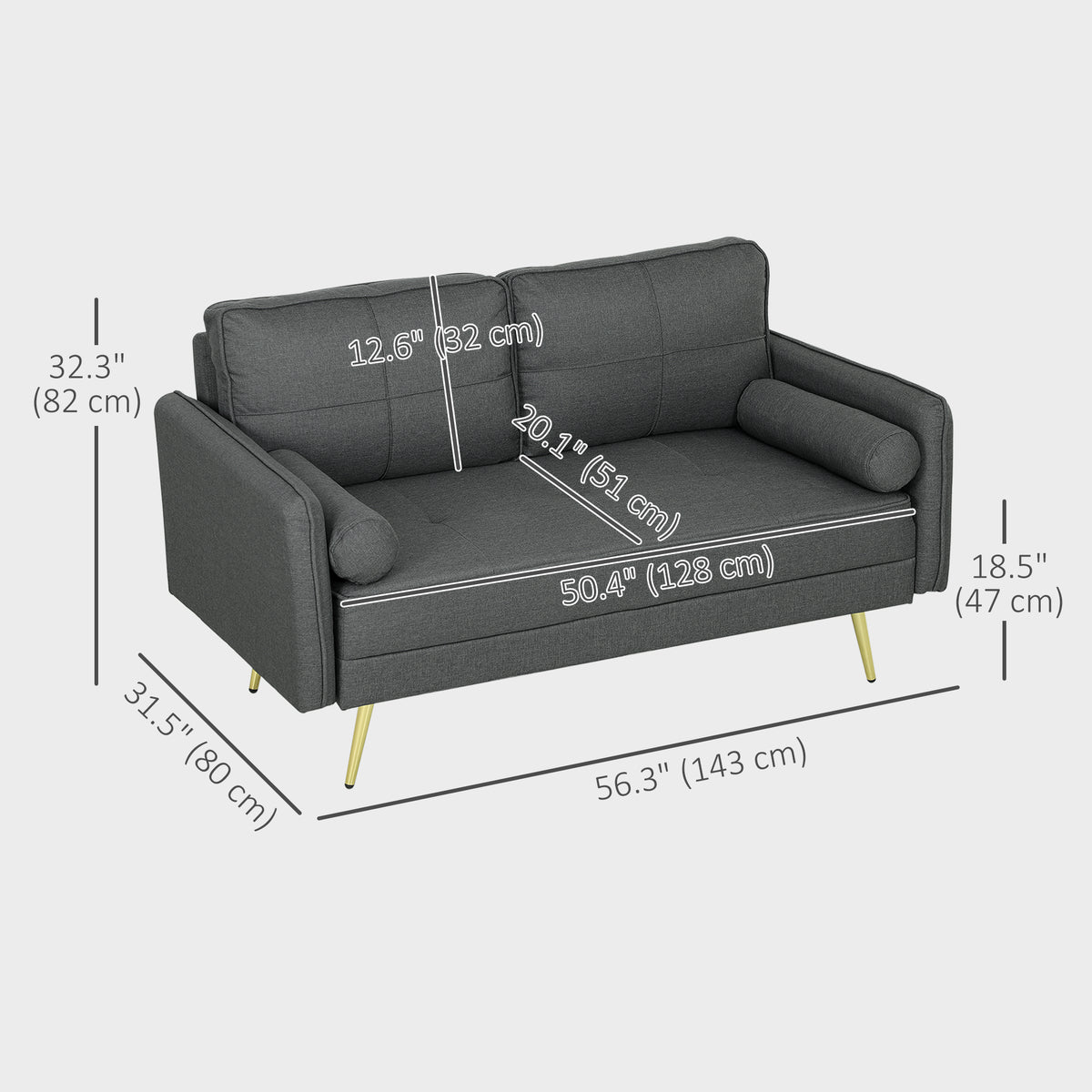 56" Loveseat Sofa 2-Seater Dark Grey Linen-Loveseat Sofas-DECOROLALA