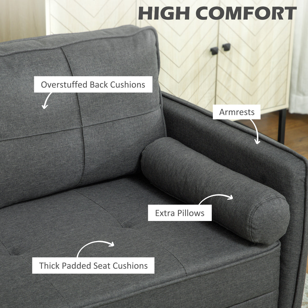 56" Loveseat Sofa 2-Seater Dark Grey Linen-Loveseat Sofas-DECOROLALA