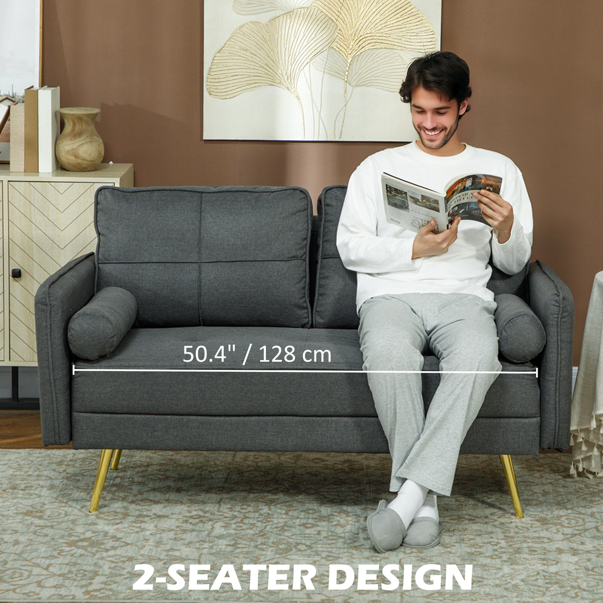 56" Loveseat Sofa 2-Seater Dark Grey Linen-Loveseat Sofas-DECOROLALA