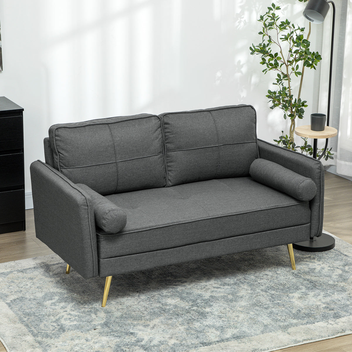 56" Loveseat Sofa 2-Seater Dark Grey Linen-Loveseat Sofas-DECOROLALA