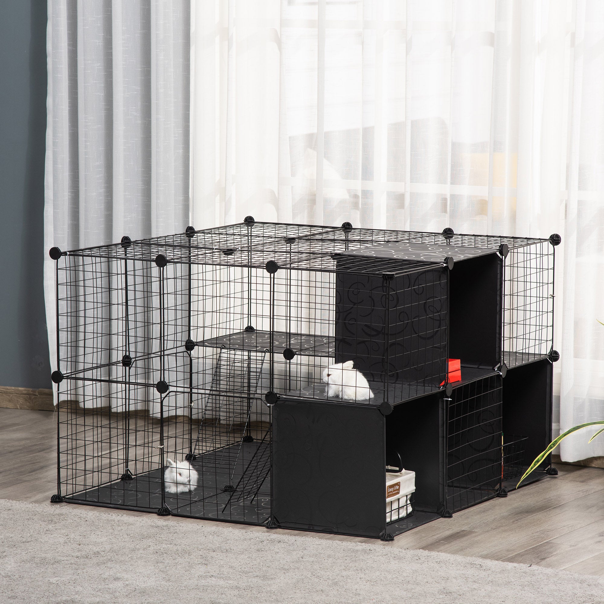 56-Panel Metal Pet Playpen - DIY Small Animal Cage Black-Small Animals-DECOROLALA