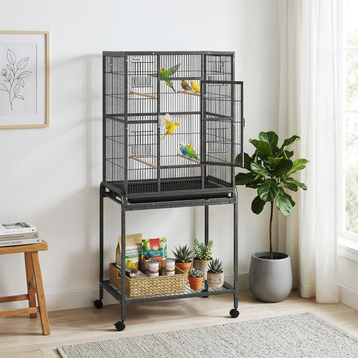 56" Rolling Bird Cage with Detachable Stand - Black Metal-Bird Supplies-DECOROLALA