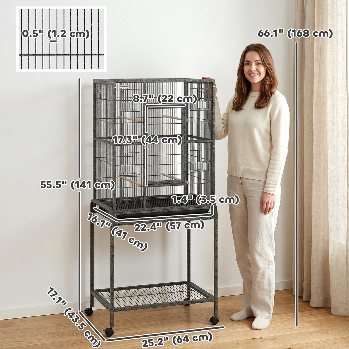 56" Rolling Bird Cage with Detachable Stand - Black Metal-Birds-DECOROLALA