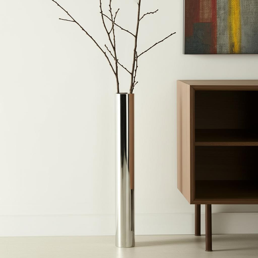 56" Silver Aluminum Cylinder Table Vase-Vases-DECOROLALA