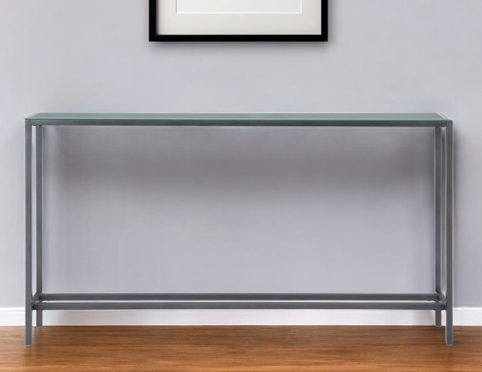 56" Silver and Gunmetal Mirrored Glass Console Table-Console Tables-DECOROLALA