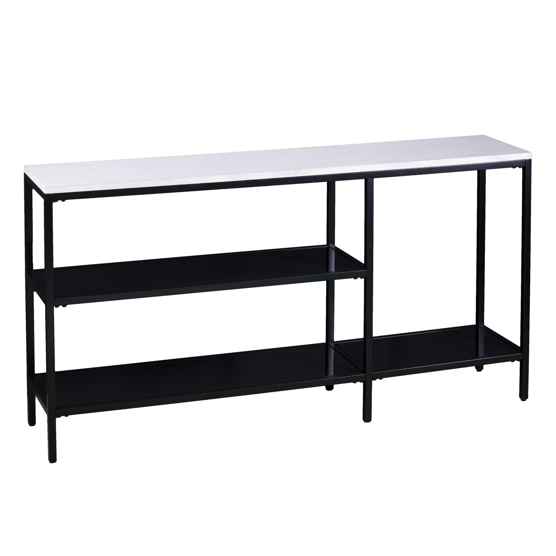 56" White and Black Faux Marble Frame Console Table Two Shelves-Console Tables-DECOROLALA