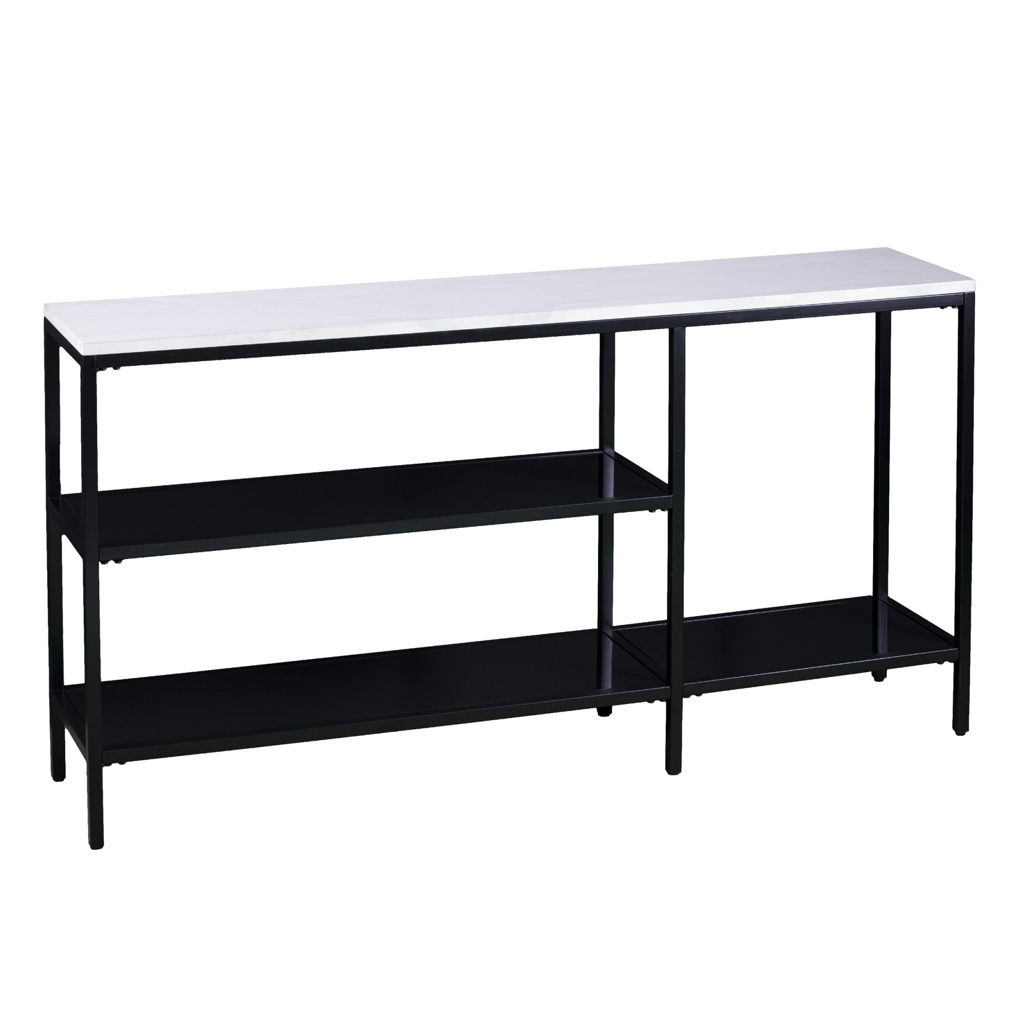 56" White and Black Faux Marble Frame Console Table Two Shelves-Console Tables-DECOROLALA