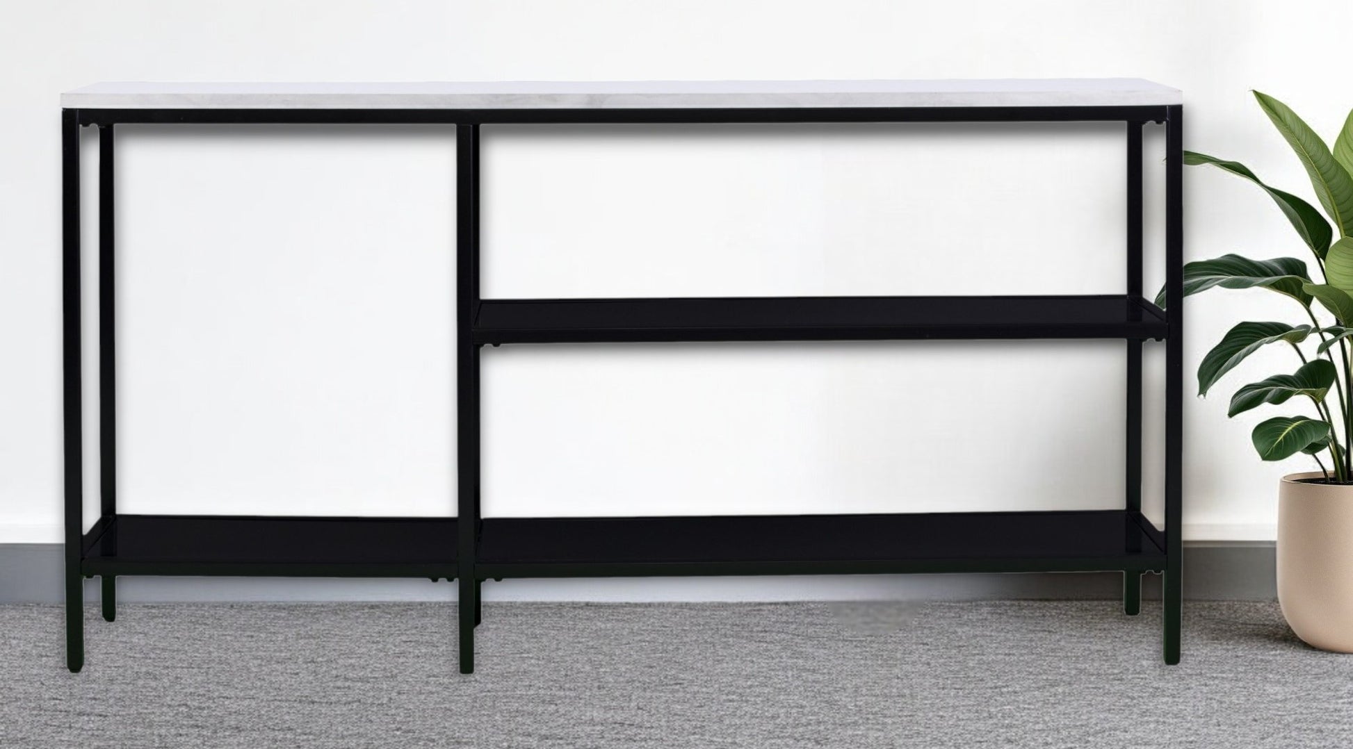 56" White and Black Faux Marble Frame Console Table Two Shelves-Console Tables-DECOROLALA