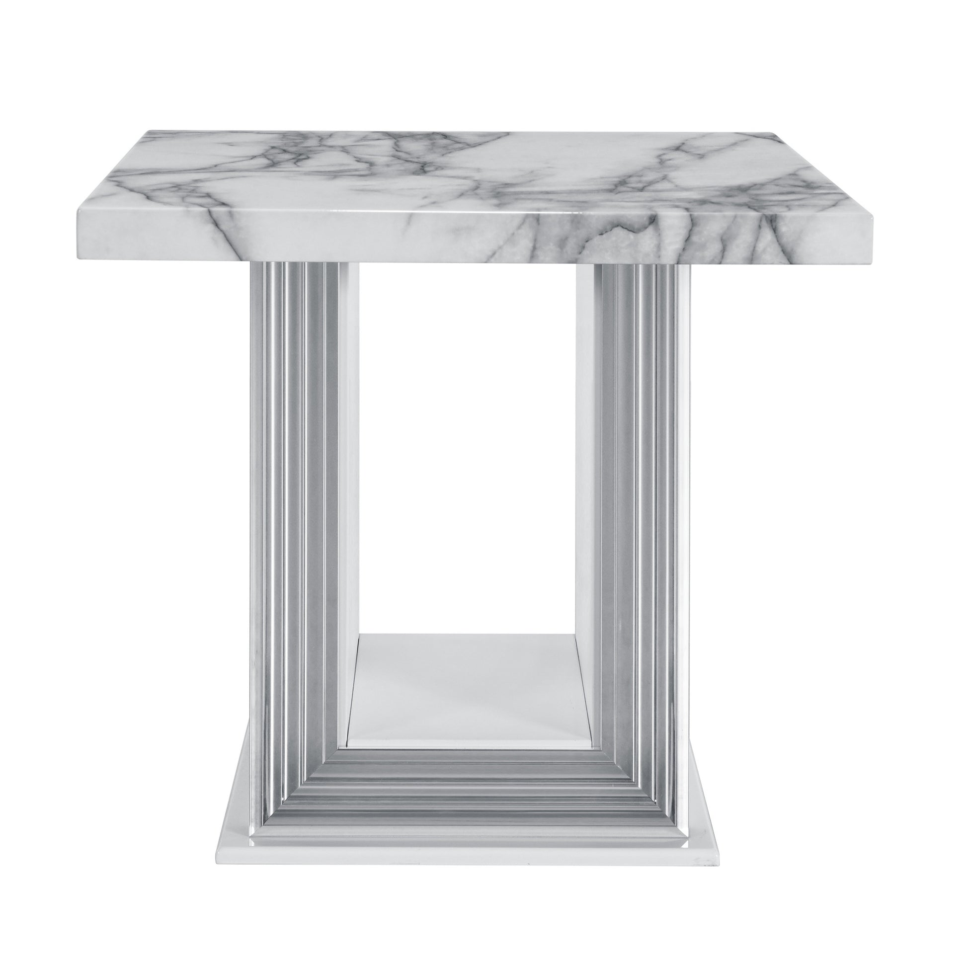 24" White and Silver Faux Marble and Wood Pedestal End Table-3