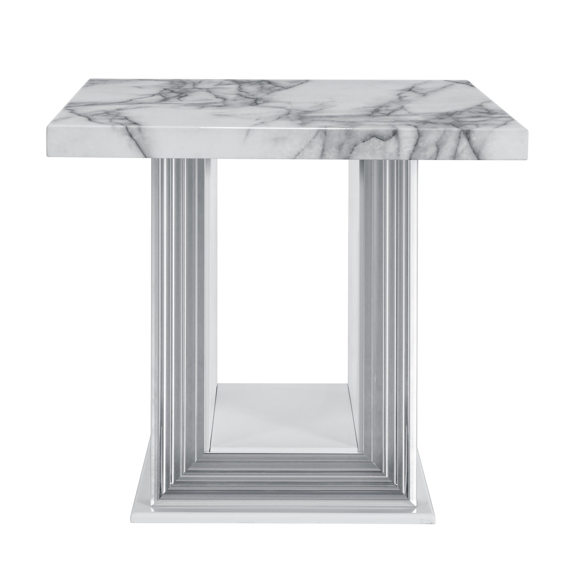 24" White and Silver Faux Marble and Wood Pedestal End Table-3
