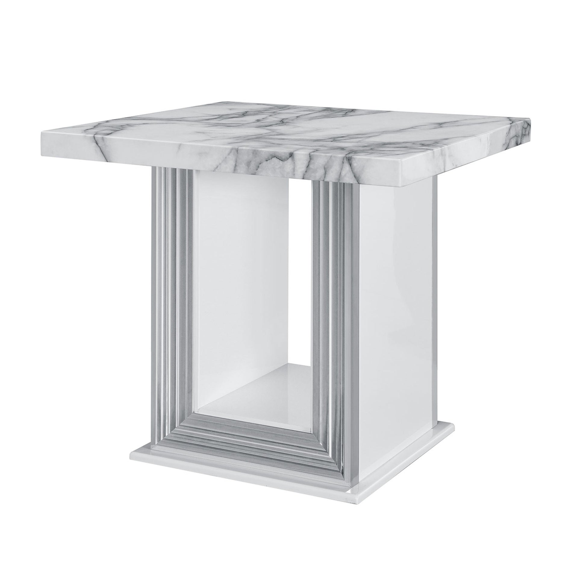 24" White and Silver Faux Marble and Wood Pedestal End Table-1