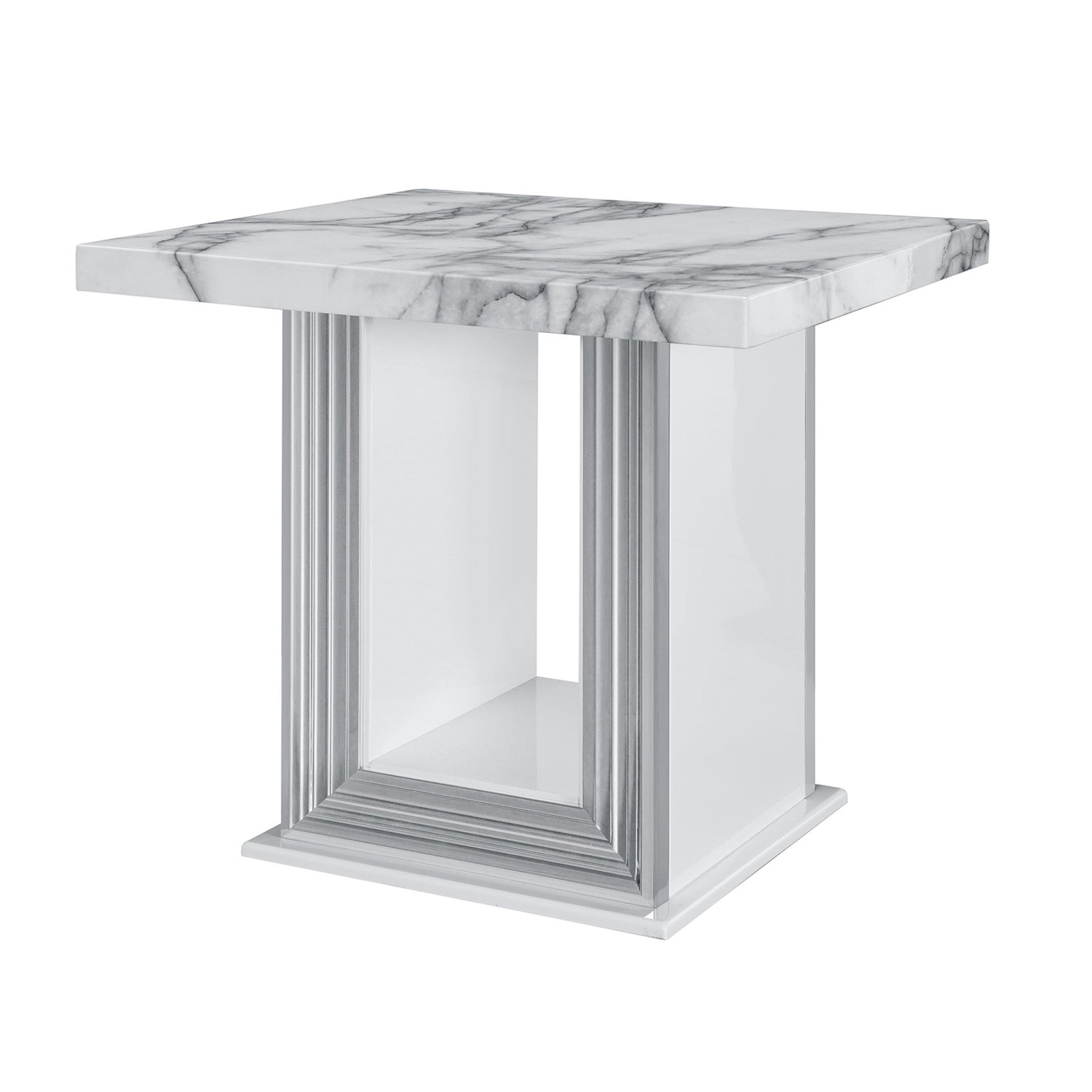 24" White and Silver Faux Marble and Wood Pedestal End Table-1
