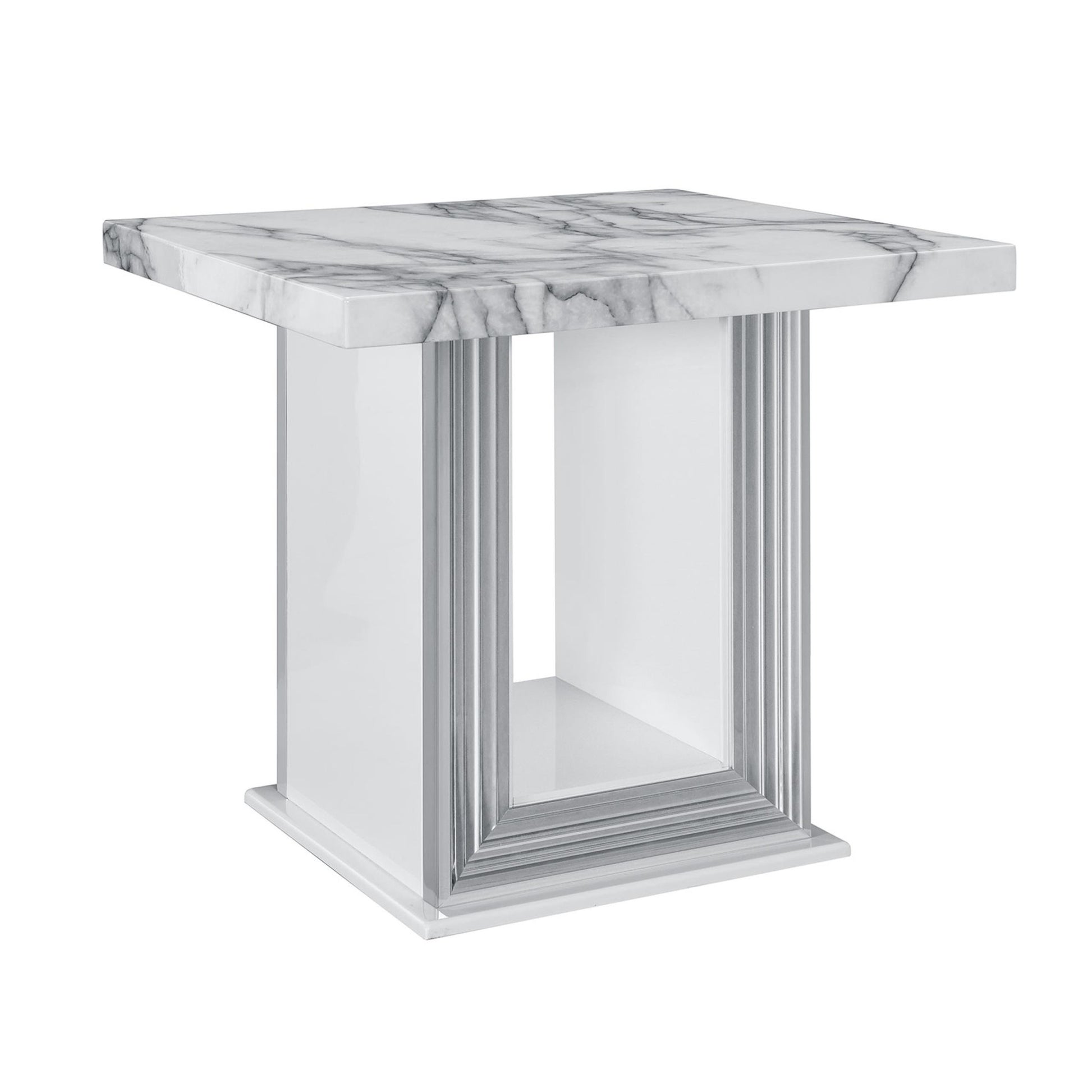 24" White and Silver Faux Marble and Wood Pedestal End Table-2