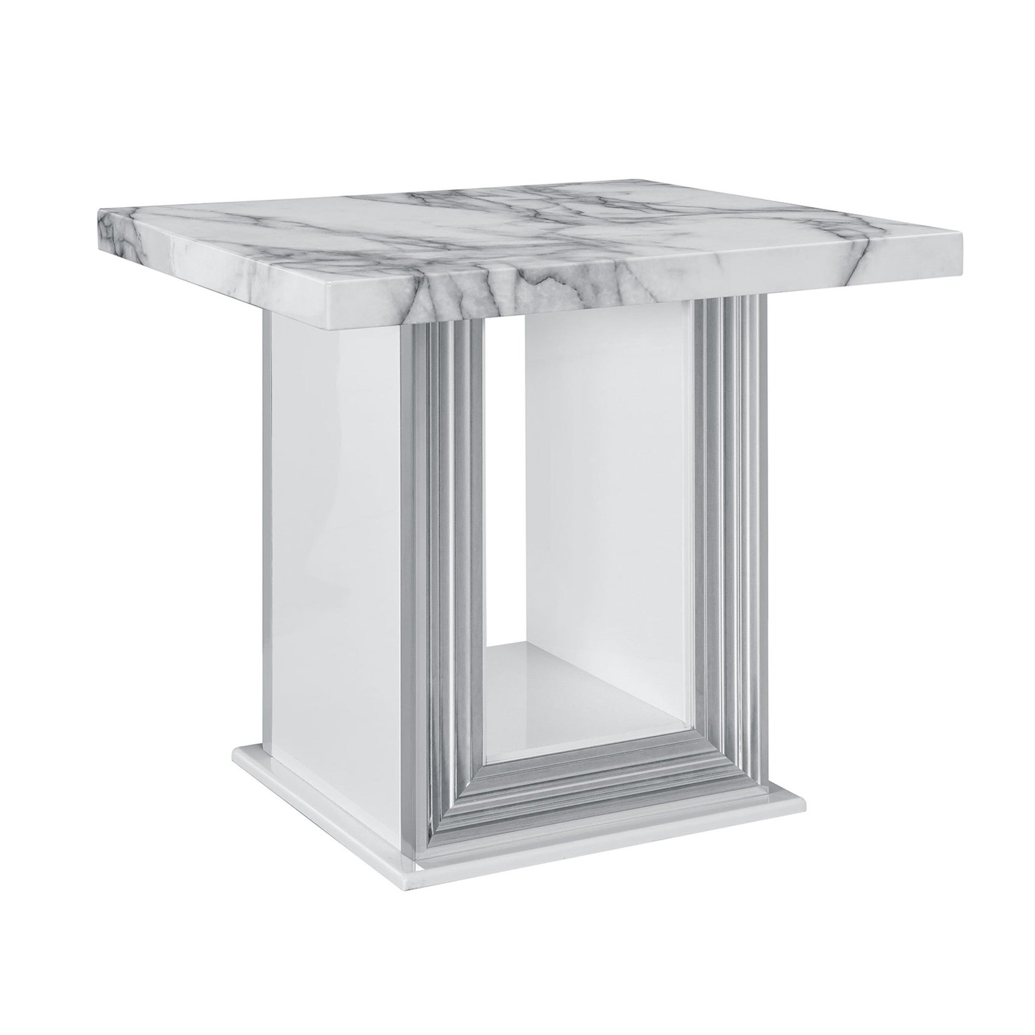 24" White and Silver Faux Marble and Wood Pedestal End Table-2