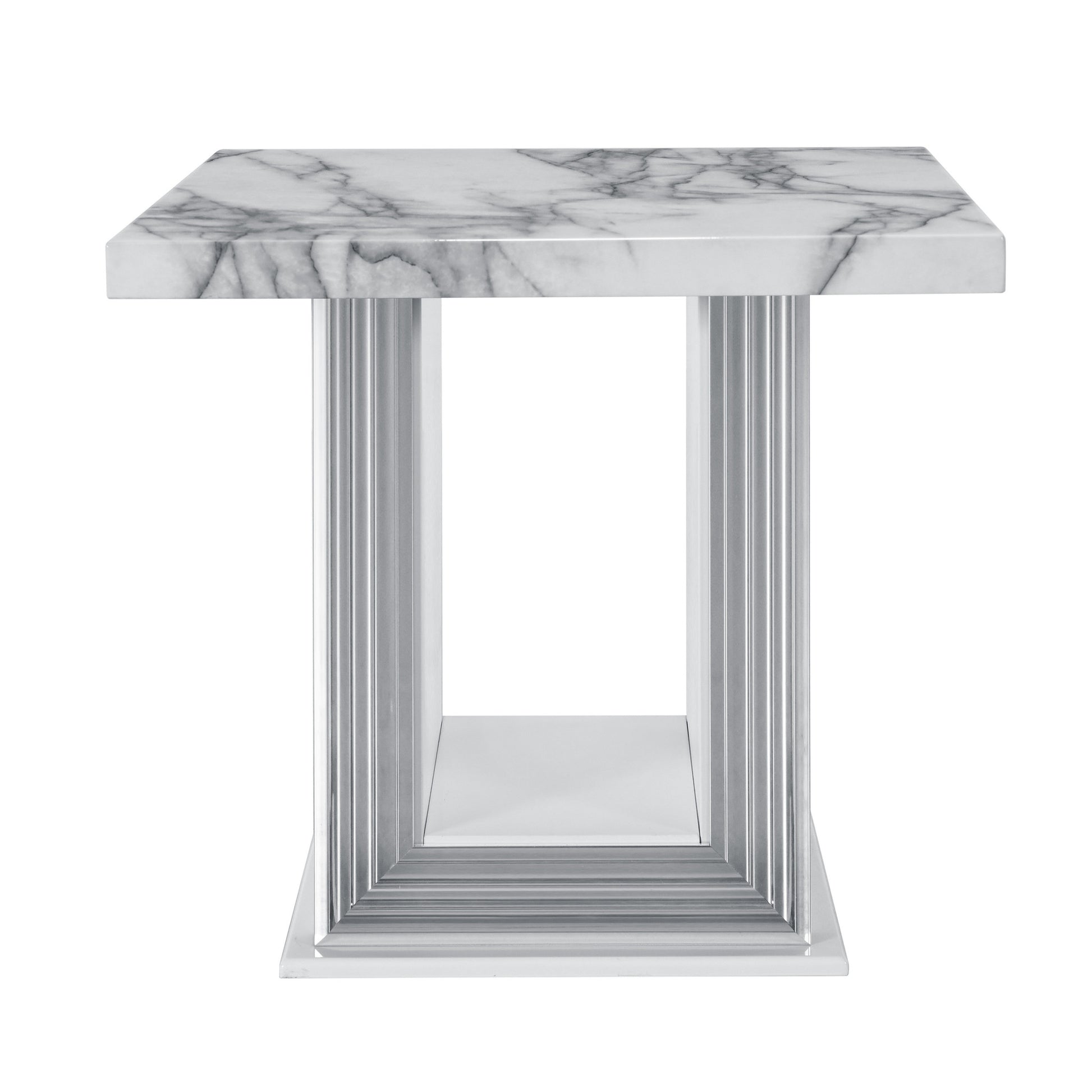 24" White and Silver Faux Marble and Wood Pedestal End Table-5