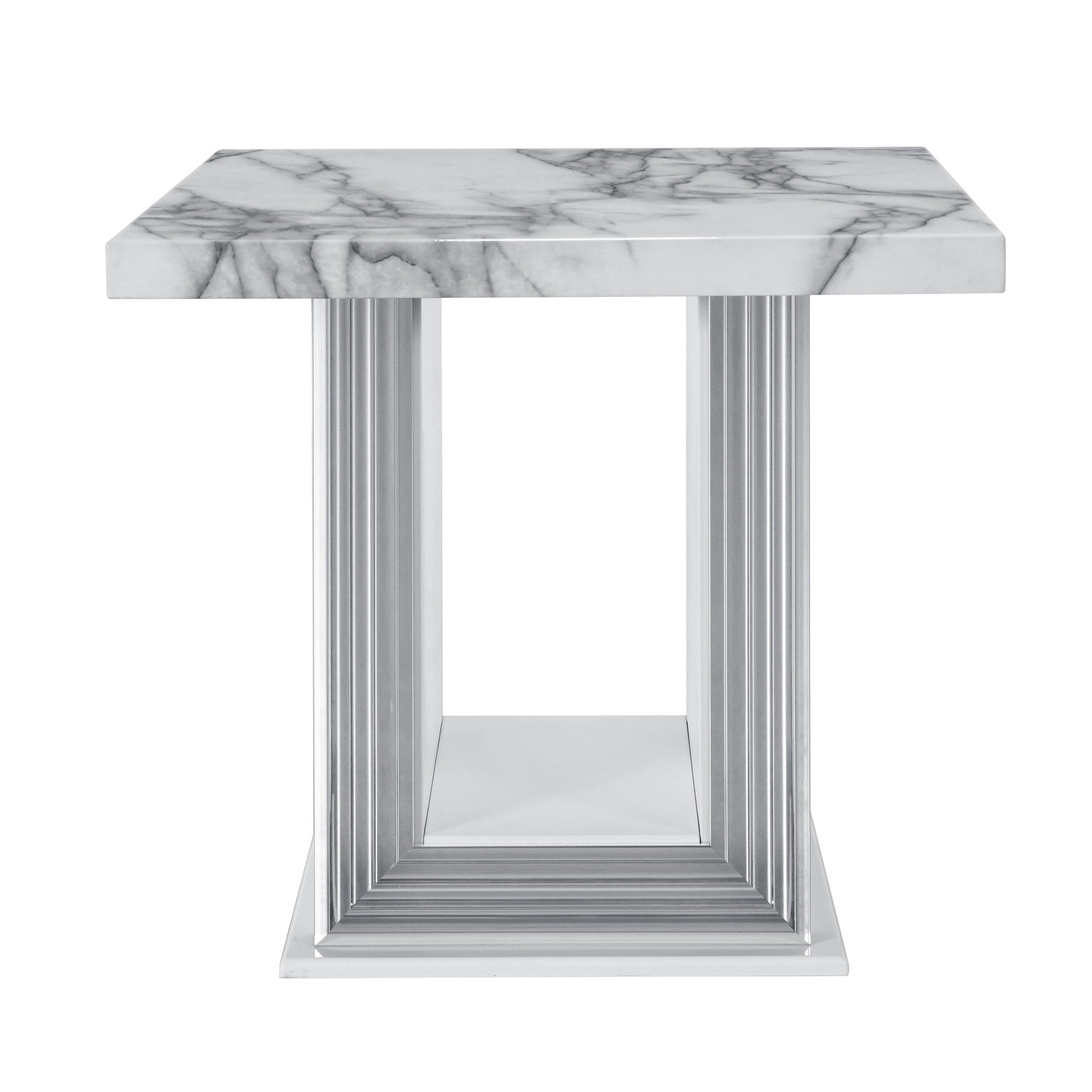 24" White and Silver Faux Marble and Wood Pedestal End Table-5
