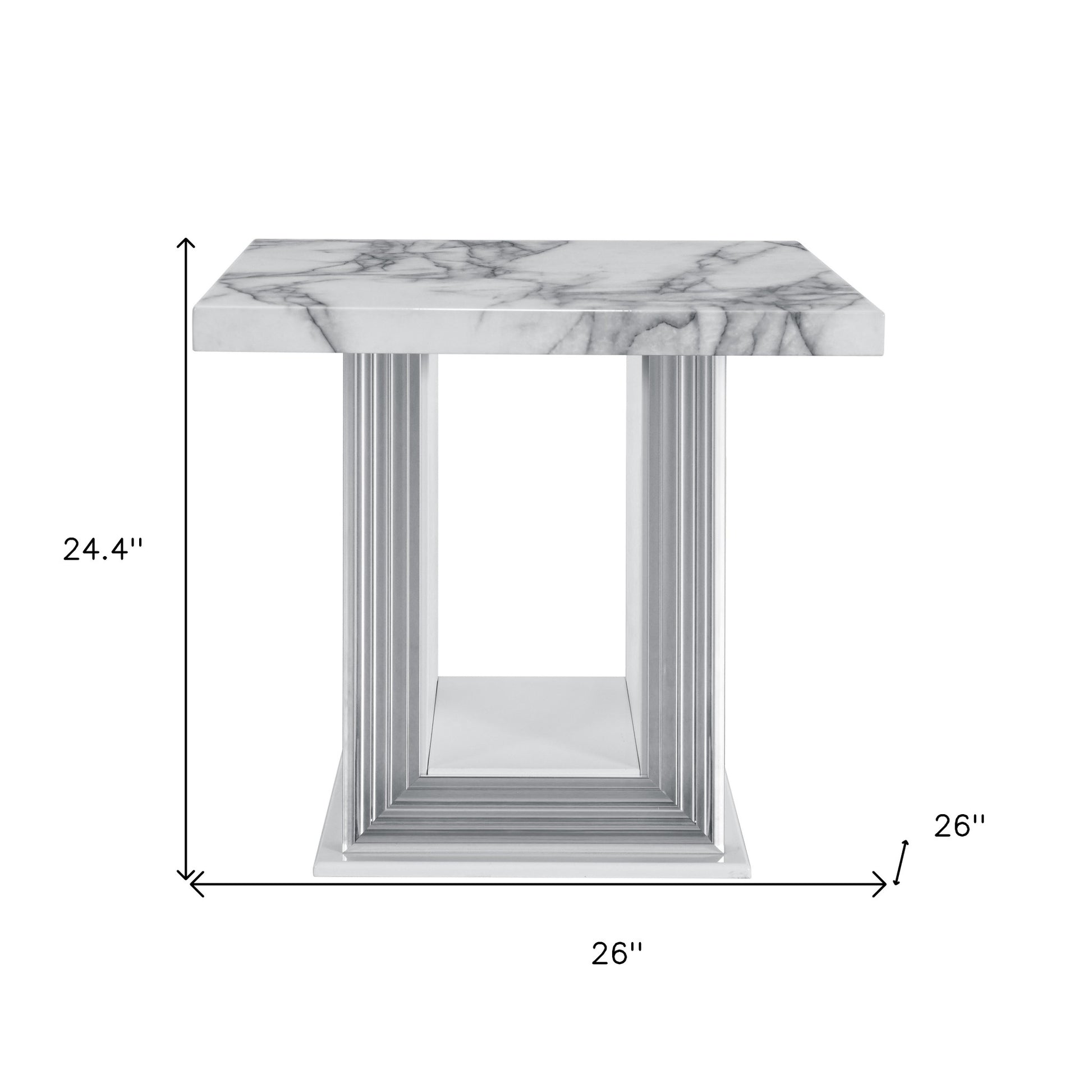 24" White and Silver Faux Marble and Wood Pedestal End Table-6