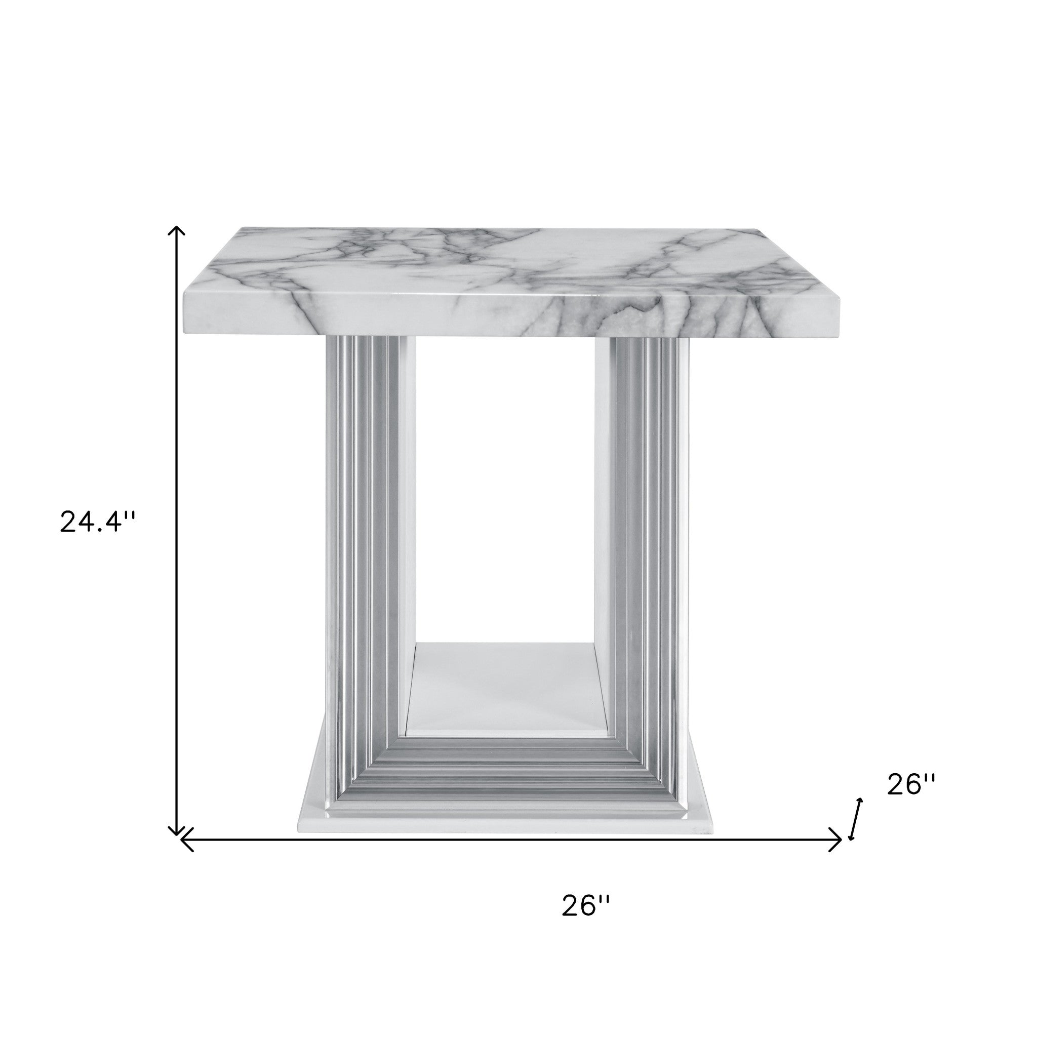 24" White and Silver Faux Marble and Wood Pedestal End Table-6