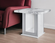 24" White and Silver Faux Marble and Wood Pedestal End Table-0