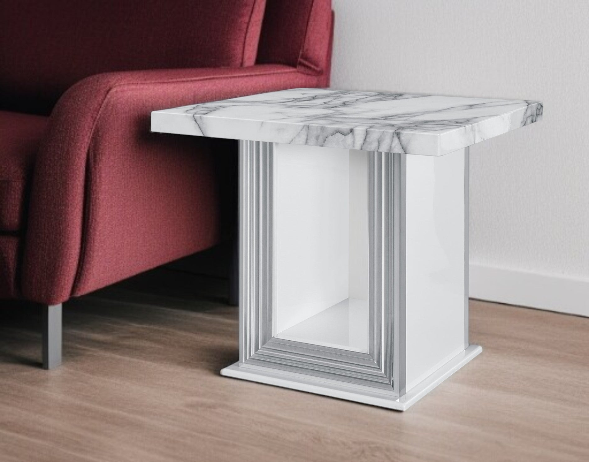 24" White and Silver Faux Marble and Wood Pedestal End Table-0