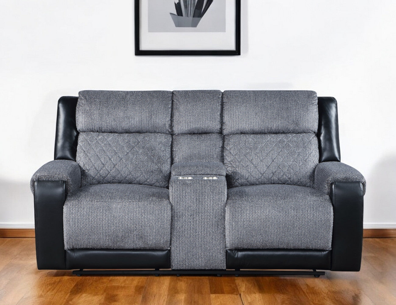 76" Gray and Black Faux Leather and Microfiber Manual Reclining Loveseat With Storage-0