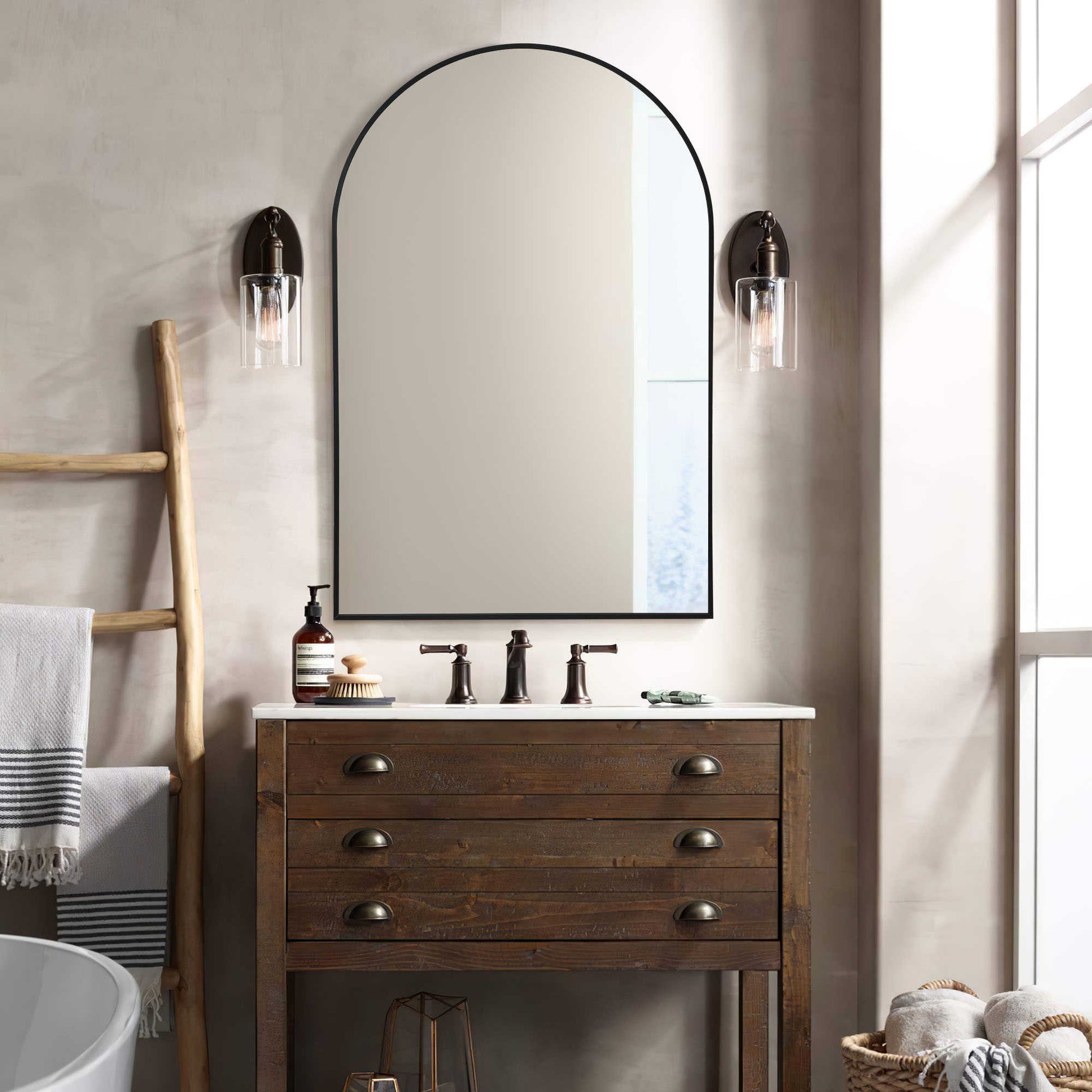 39" Black Arch Metal Framed Bathroom Vanity Mirror-Mirrors-DECOROLALA