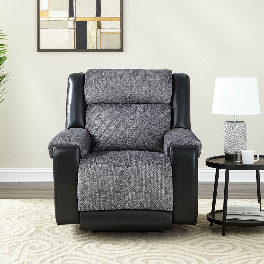 39" Black And Gray Faux Leather And Fabric Manual Recliner-Recliners-DECOROLALA