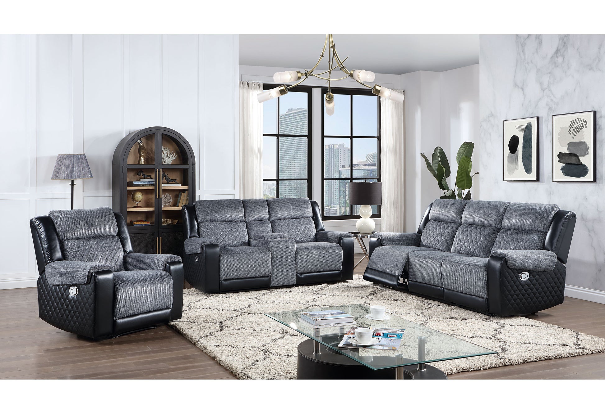 39" Black And Gray Faux Leather And Fabric Manual Recliner-Recliners-DECOROLALA