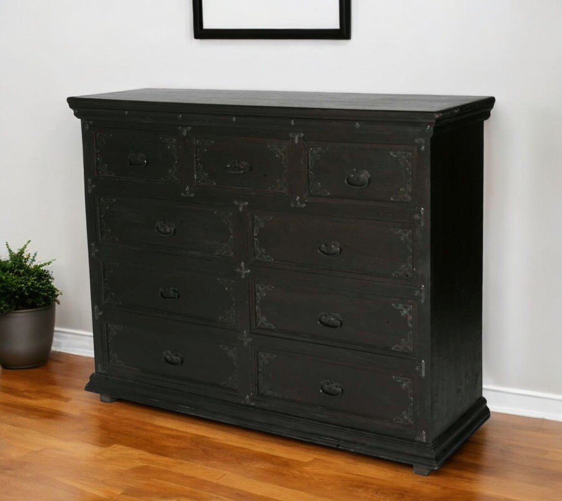 60" Dark Brown Carved Scrollwork Solid Wood Nine Drawer Double Dresser-Dressers-DECOROLALA