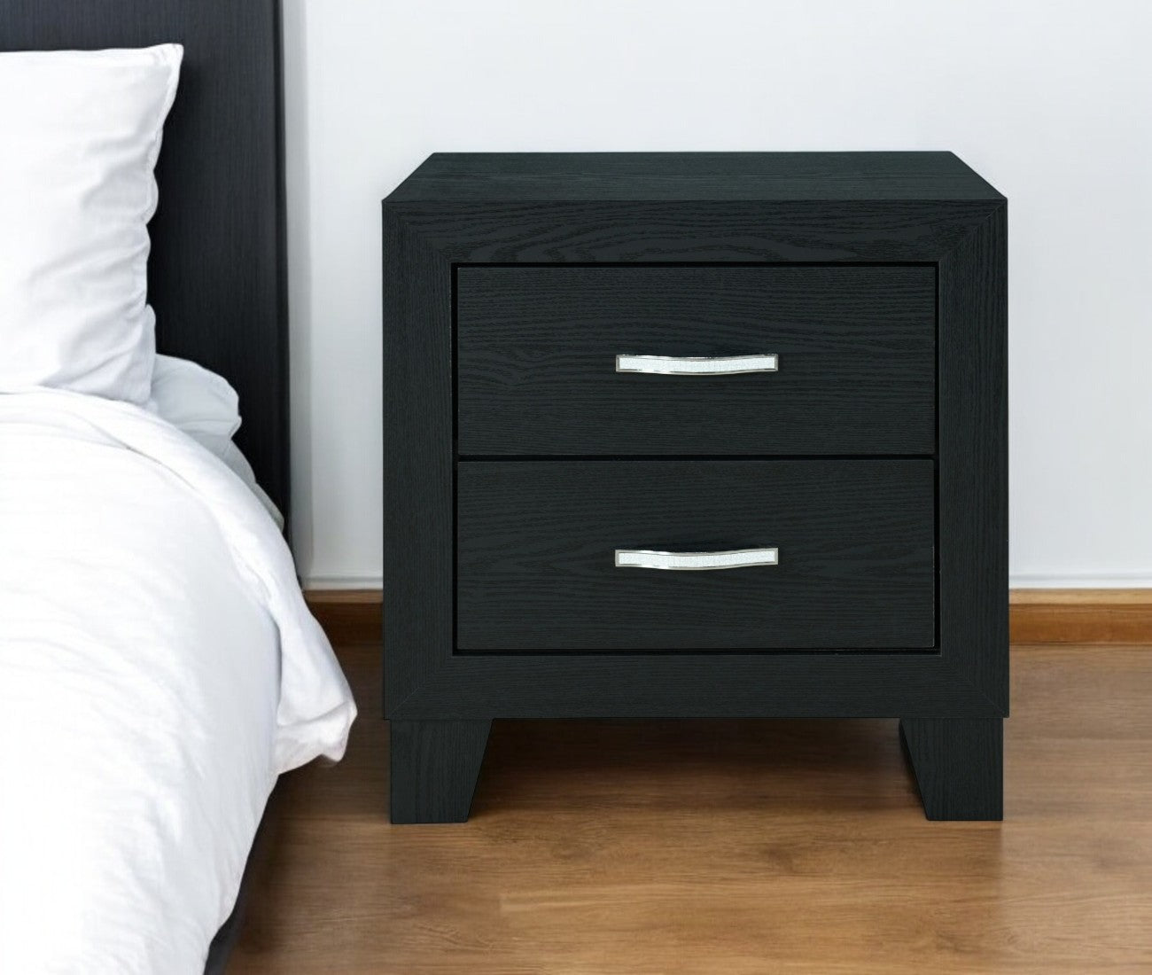 22" Black Solid and Manufactured Wood Two Drawer Nightstand-Nightstands & Bedside Tables-DECOROLALA