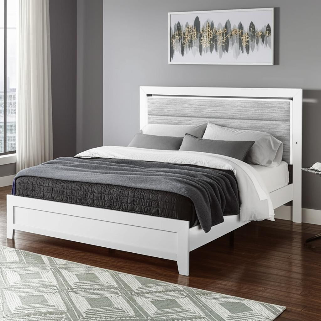 White And Gray Wood And Upholstery Lighted Twin Bed Frame-0