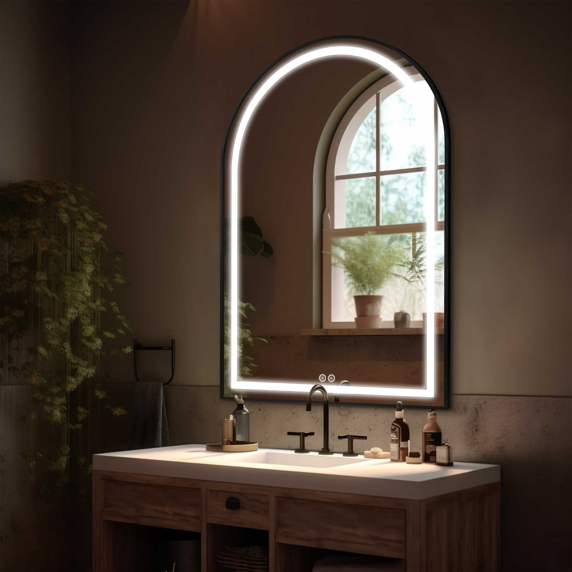 38" Black Metal Arch Lighted Bathroom Vanity Mirror-Mirrors-DECOROLALA