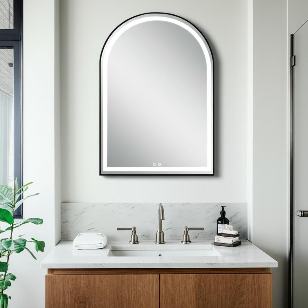 38" Black Metal Arch Lighted Bathroom Vanity Mirror-Mirrors-DECOROLALA
