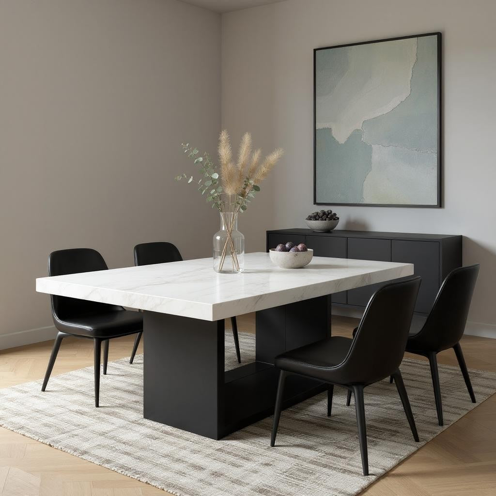 70" White and Black Faux Marble and Wood Pedestal Base Dining Table-Dining Tables-DECOROLALA