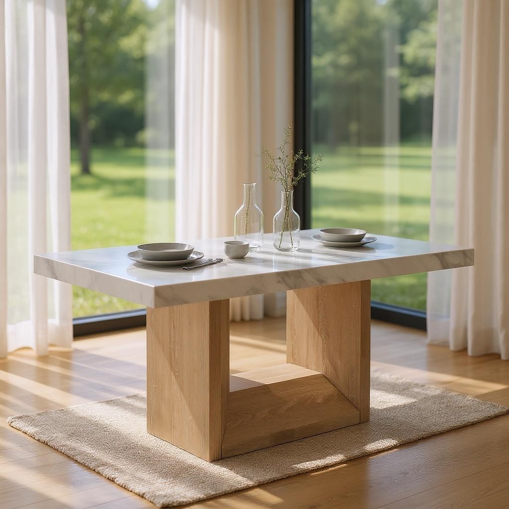 70" White and Natural Faux Marble and Wood Pedestal Base Dining Table-Dining Tables-DECOROLALA