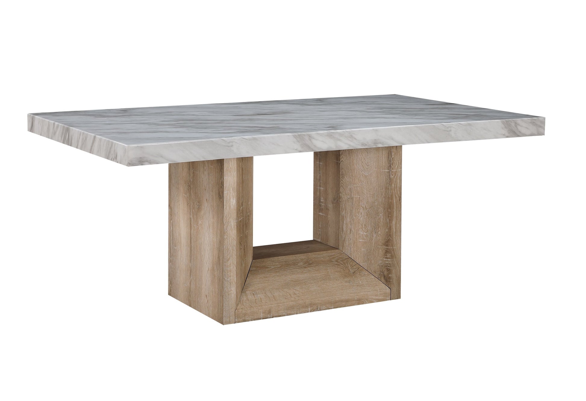 70" White and Natural Faux Marble and Wood Pedestal Base Dining Table-Dining Tables-DECOROLALA