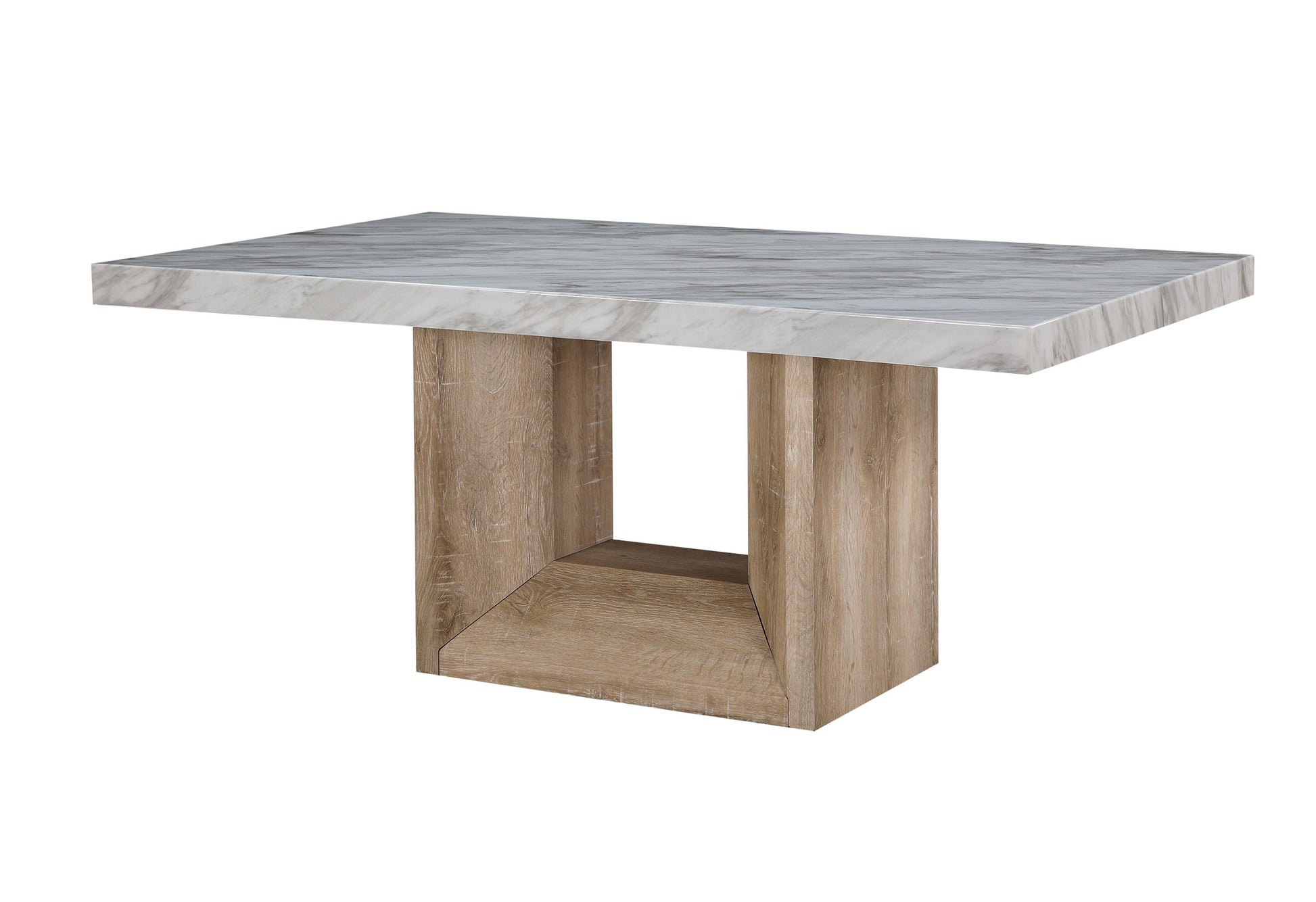 70" White and Natural Faux Marble and Wood Pedestal Base Dining Table-Dining Tables-DECOROLALA