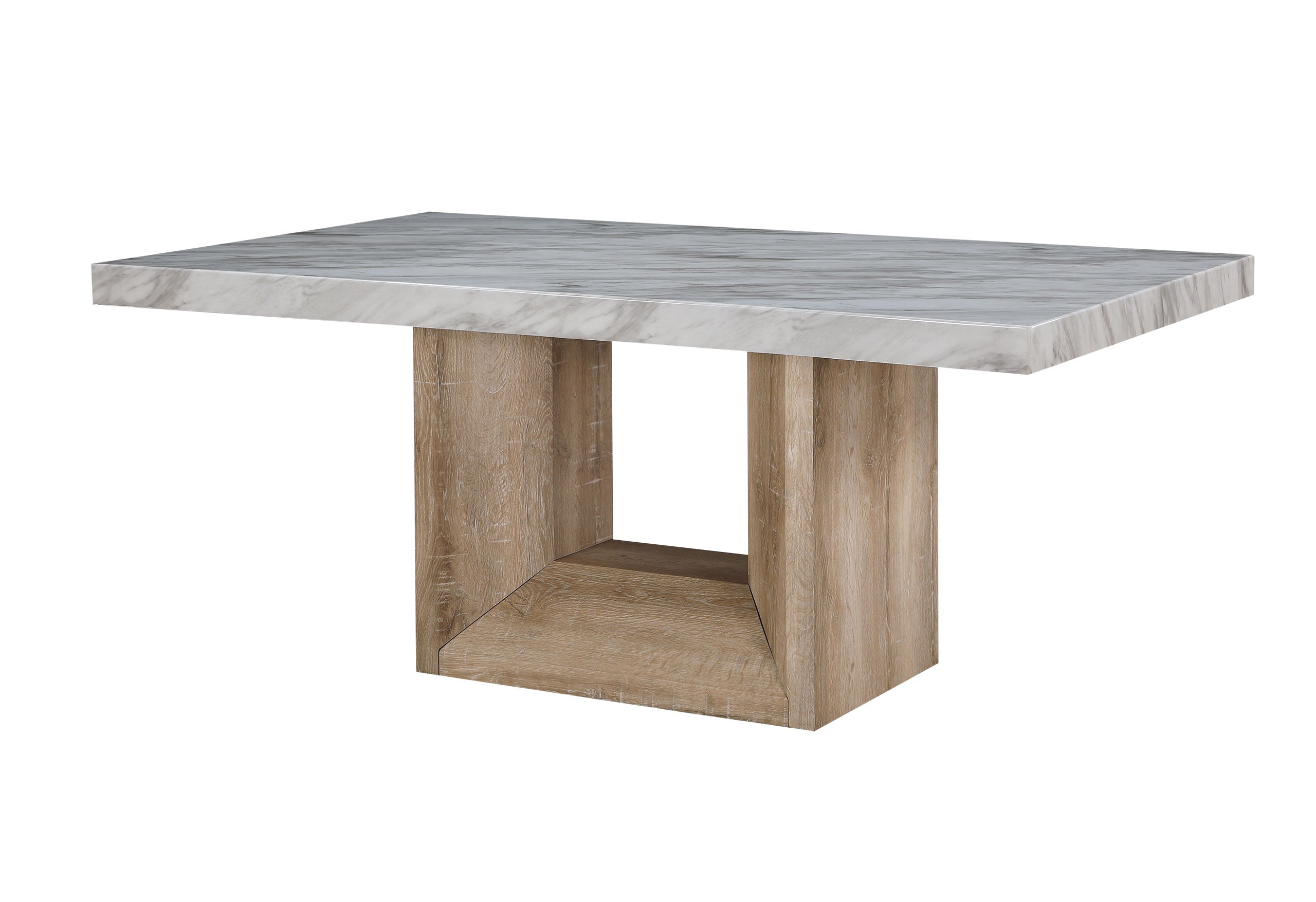 70" White and Natural Faux Marble and Wood Pedestal Base Dining Table-Dining Tables-DECOROLALA
