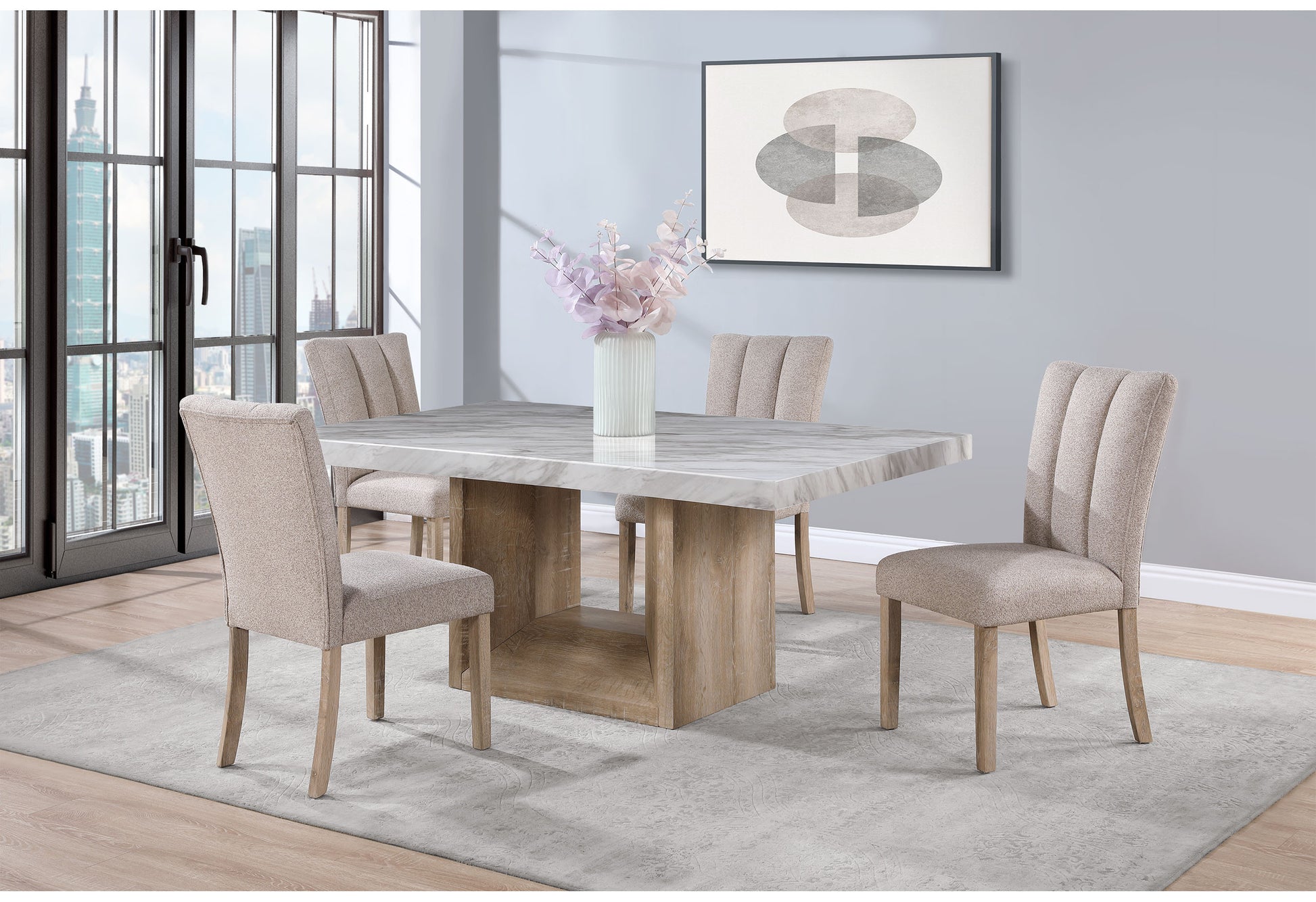 70" White and Natural Faux Marble and Wood Pedestal Base Dining Table-Dining Tables-DECOROLALA