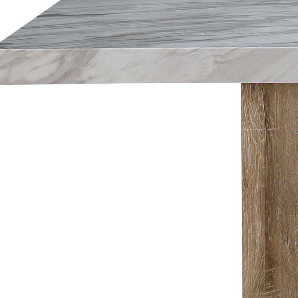 70" White and Natural Faux Marble and Wood Pedestal Base Dining Table-Dining Tables-DECOROLALA
