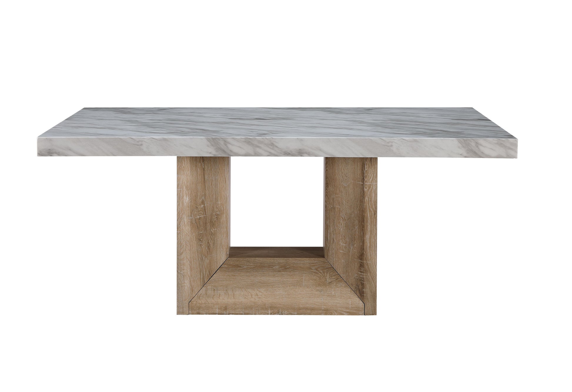 70" White and Natural Faux Marble and Wood Pedestal Base Dining Table-Dining Tables-DECOROLALA