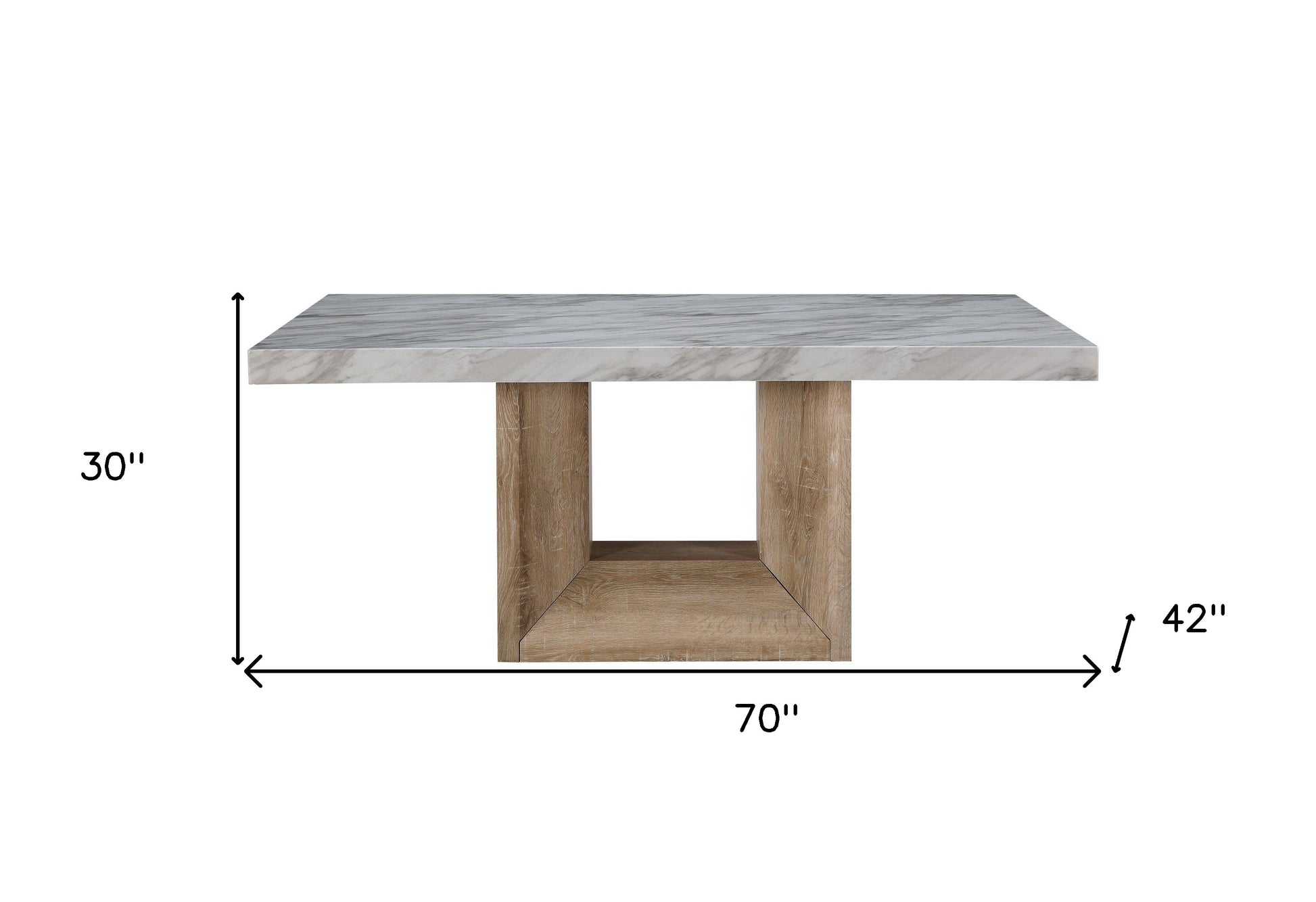 70" White and Natural Faux Marble and Wood Pedestal Base Dining Table-Dining Tables-DECOROLALA