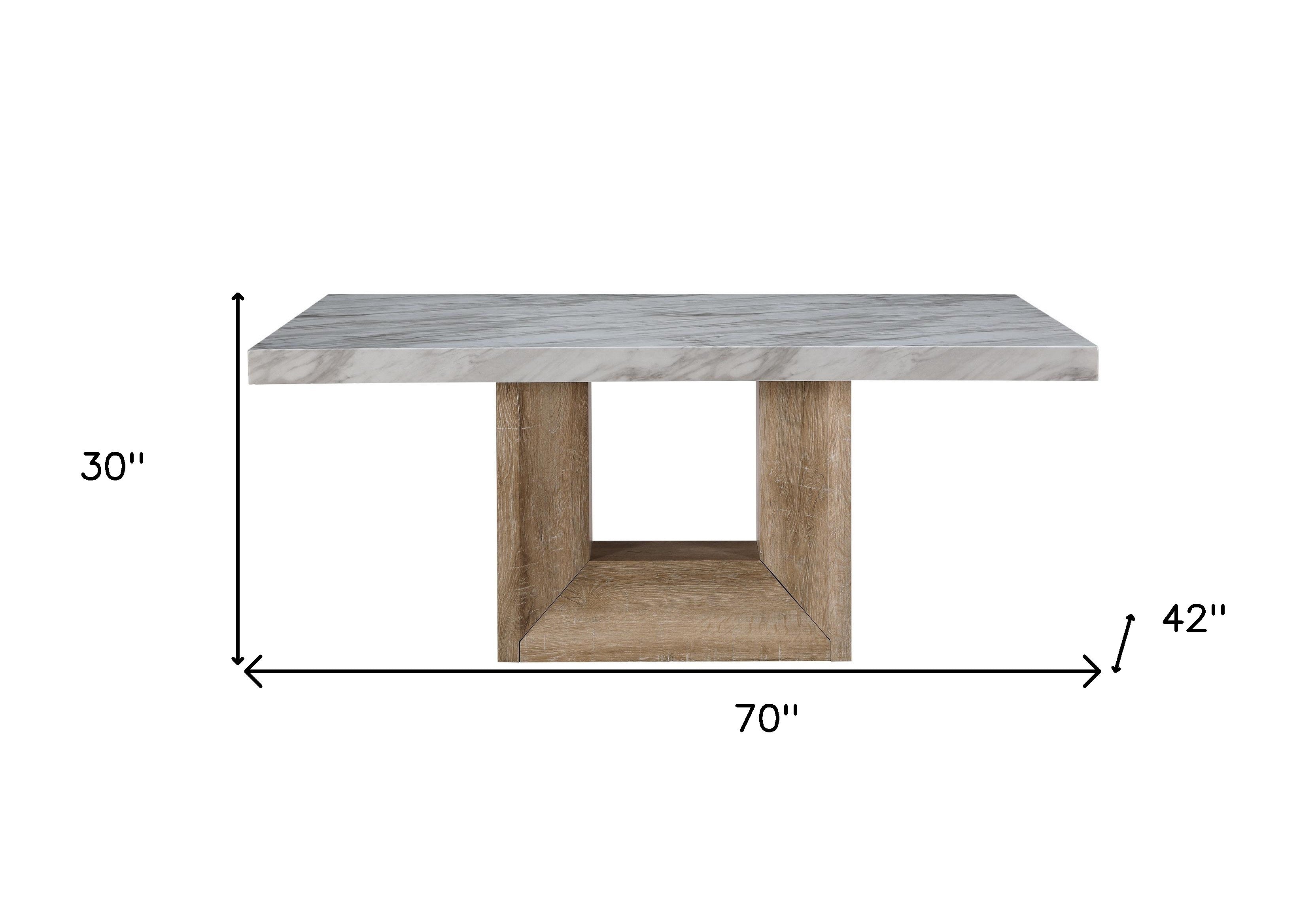 70" White and Natural Faux Marble and Wood Pedestal Base Dining Table-Dining Tables-DECOROLALA